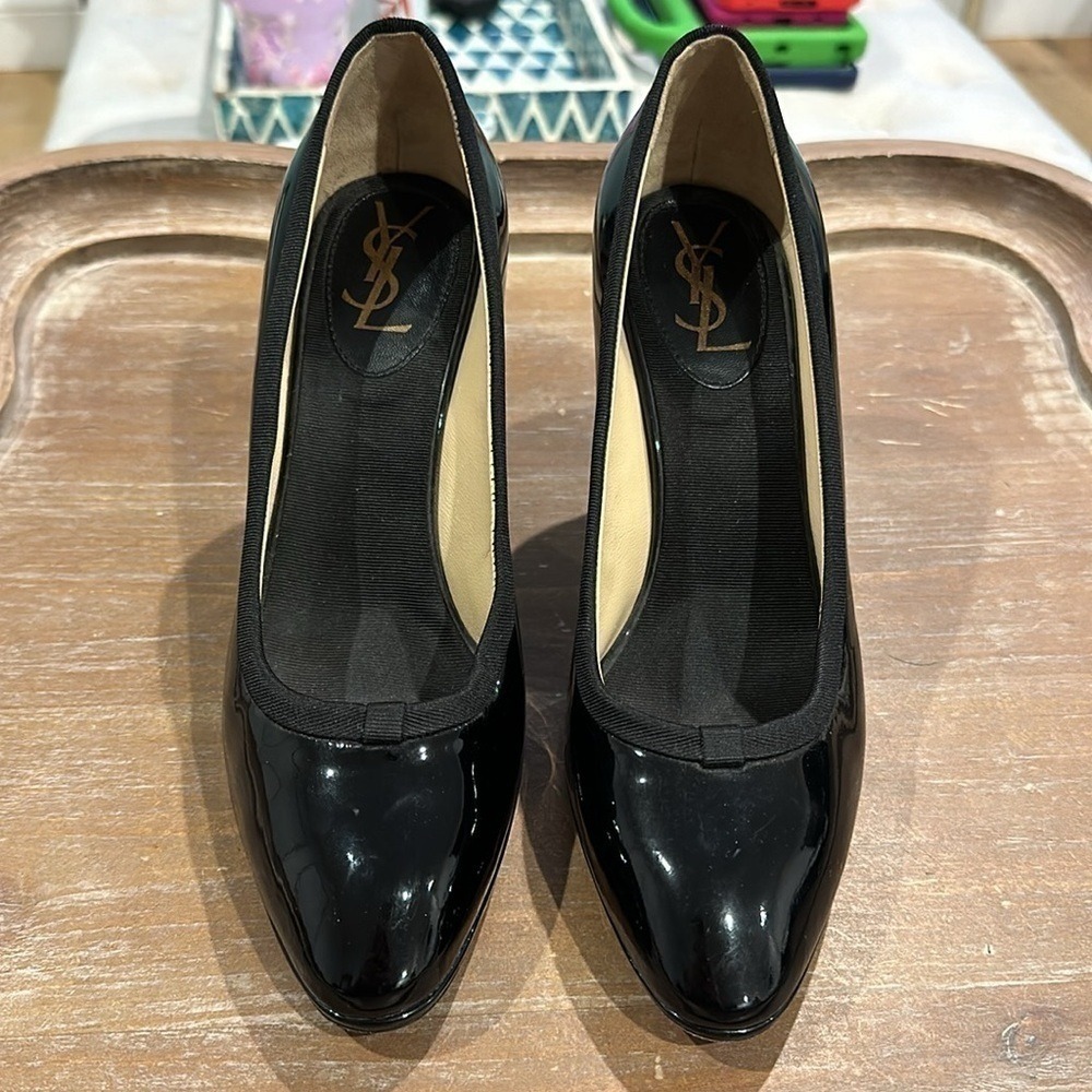 Yves Saint Laurent Black Patent Leather Almond Toe Pumps Grosgrain Trim 37.5 - Picture 7 of 11